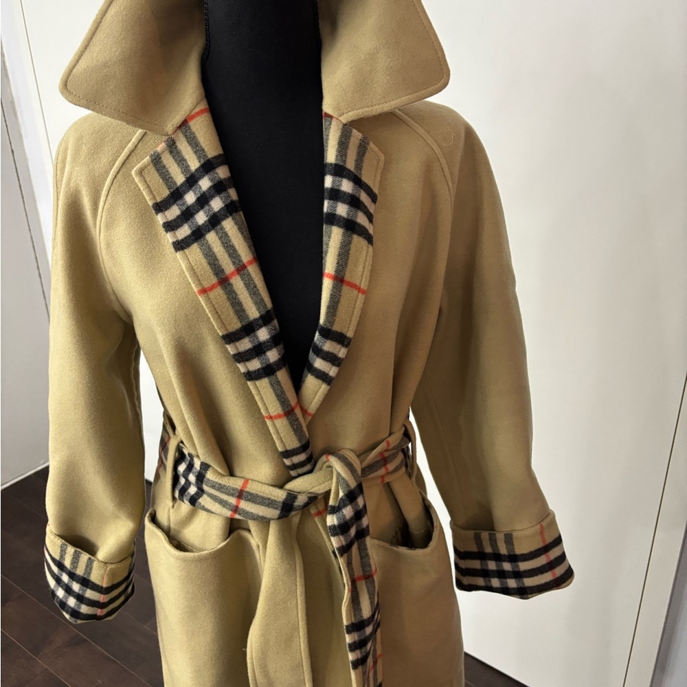 Burberry Reversable Wool Trench Coat with Check Trim